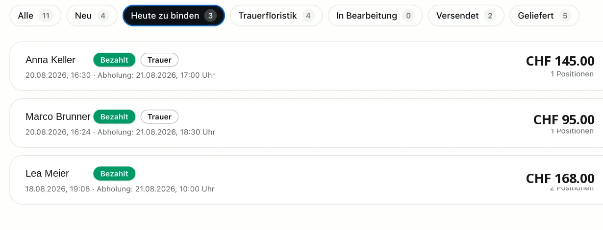 Bestellliste im Werkstatt-Cockpit mit eingegangenen, bezahlten Aufträgen